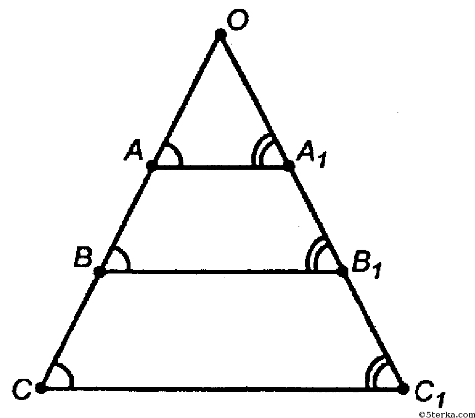 Вершины треугольника лежат на трех параллельных. На рисунке изображена четыре параллельных отрезка.