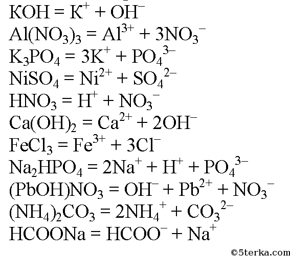 КОН, Al(NO3)3, K3PO4, NiSO4, HNO3, Са(ОН)2, FeCl3, NaHPO4, (PbOH)NO3, (NH4)...